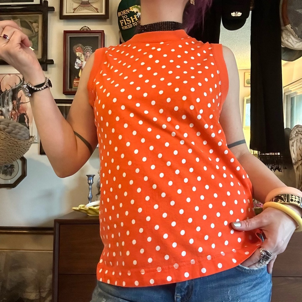 vintage 90s liz wear orange & white polka dot cotton tank / size large